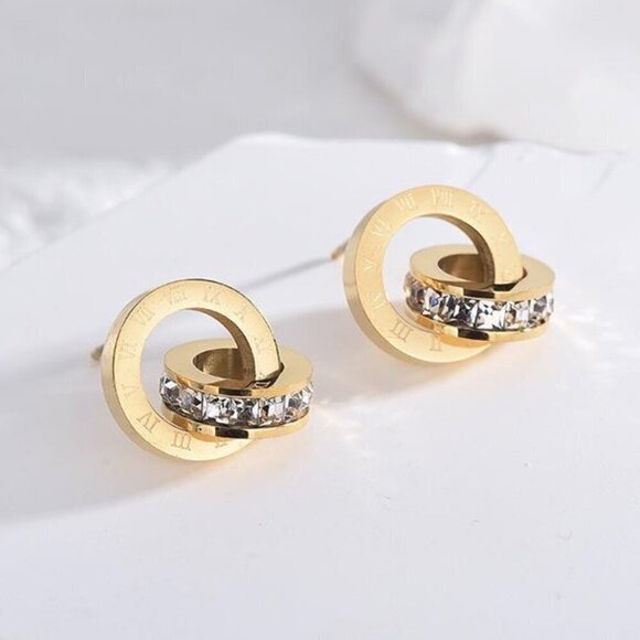 18K Gold Plated Roman Numeral Interlocking Ring, Simulated Diamond Earrings - Picture 1 of 1